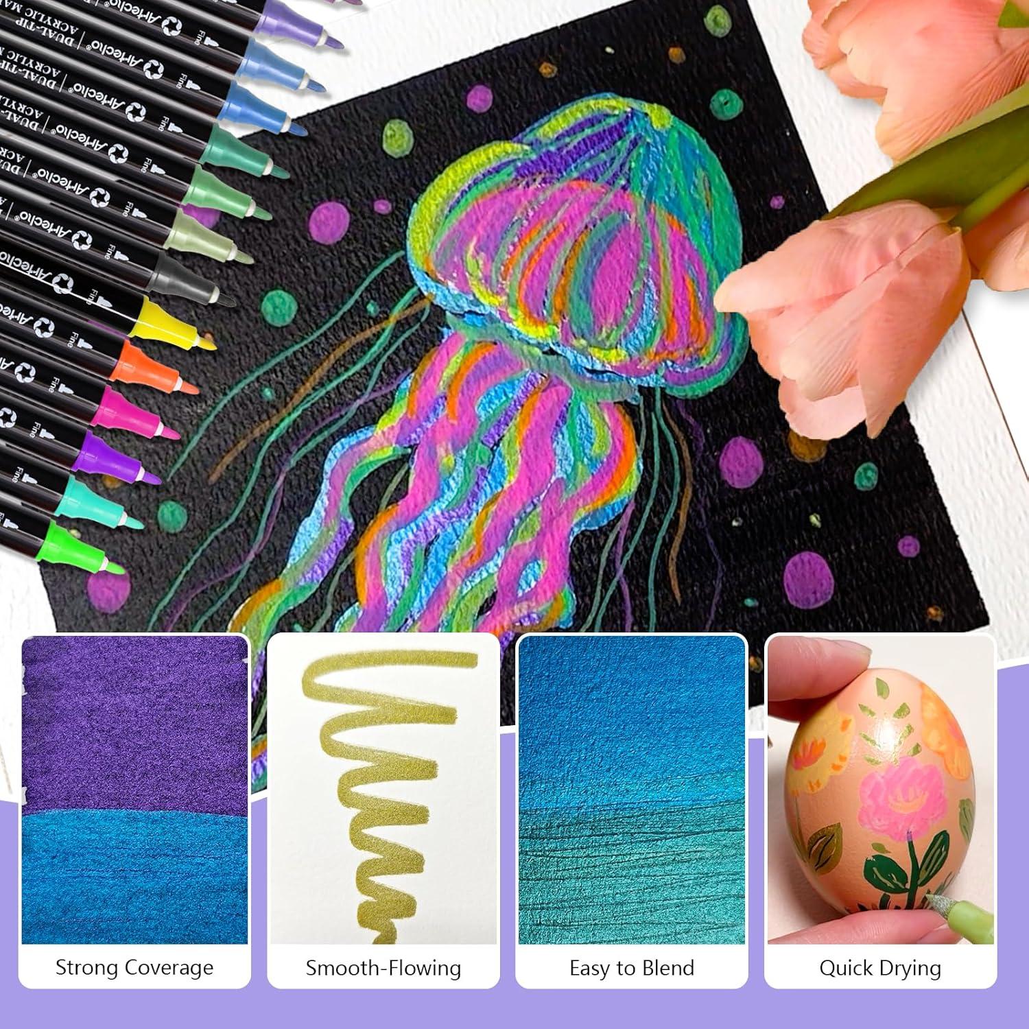 image:imageArtecho Acrylic Paint Markers 18 Colors include 12 Metallic  6 Fluorescent Colors for Stone Rock Painting Paper Pumpkin Wood Egg Canvas Ceramic Fabric leather Glass DIY Crafts12 Metallic  6 Fluorescent Colors
