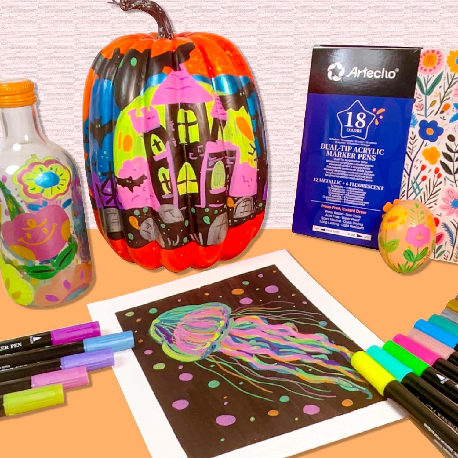 image:imageArtecho Acrylic Paint Markers 18 Colors include 12 Metallic  6 Fluorescent Colors for Stone Rock Painting Paper Pumpkin Wood Egg Canvas Ceramic Fabric leather Glass DIY Crafts12 Metallic  6 Fluorescent Colors