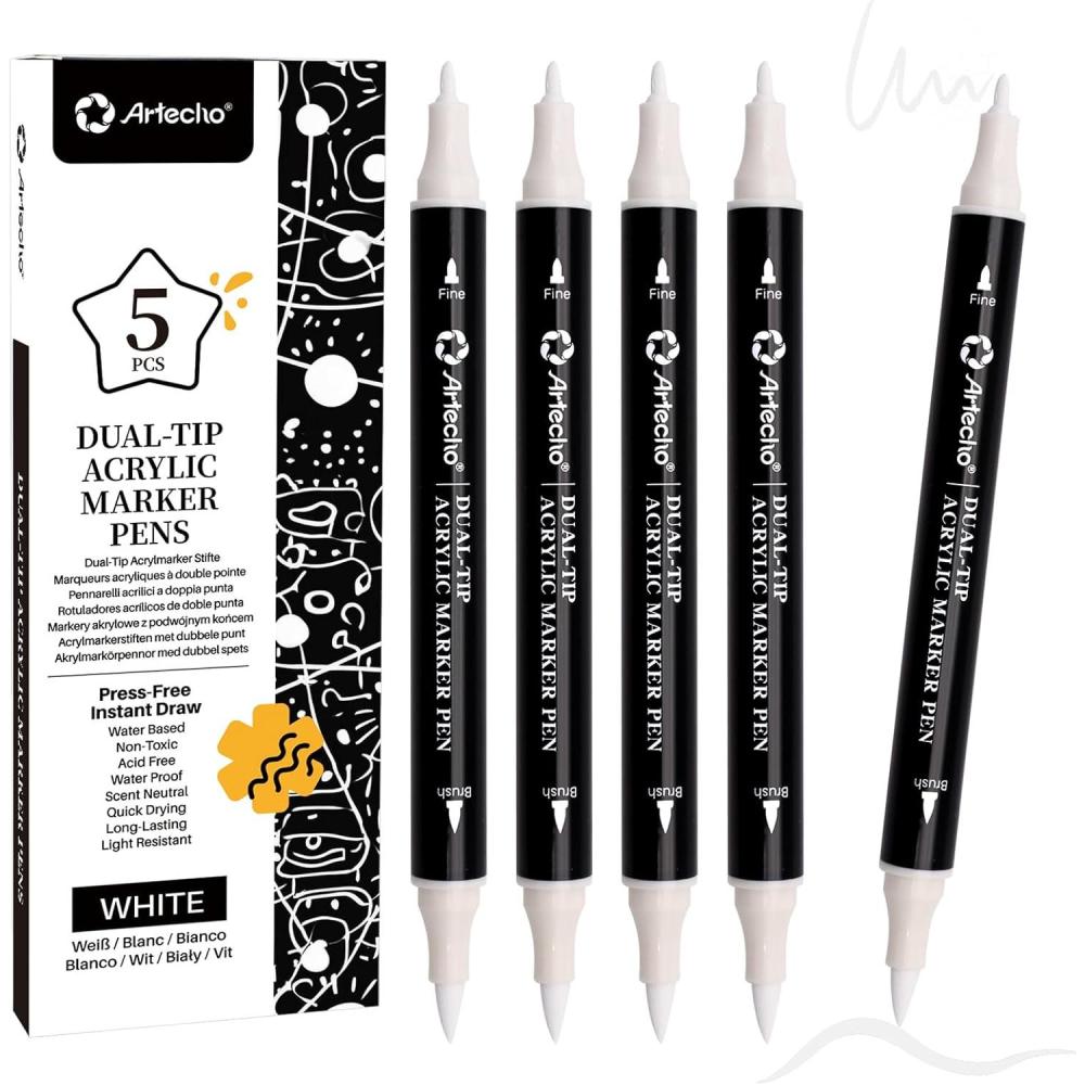image:imageArtecho Acrylic Paint Markers 18 Colors include 12 Metallic  6 Fluorescent Colors for Stone Rock Painting Paper Pumpkin Wood Egg Canvas Ceramic Fabric leather Glass DIY Crafts5 Pcs White