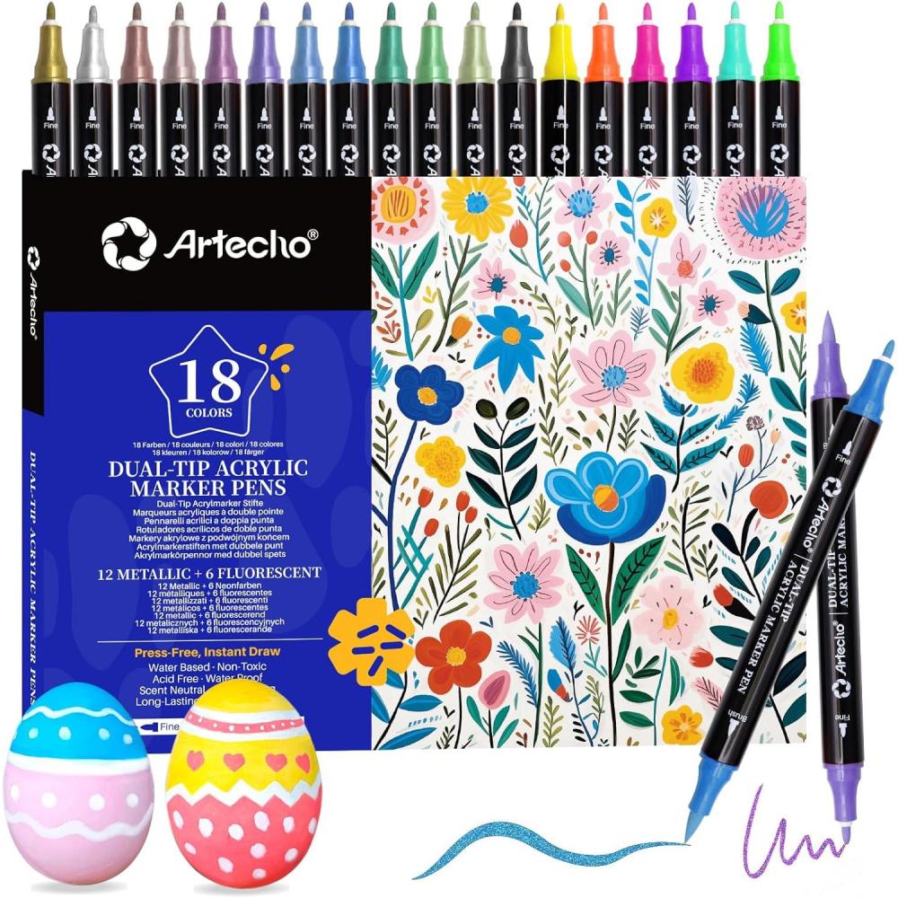 image:imageArtecho Acrylic Paint Markers 18 Colors include 12 Metallic  6 Fluorescent Colors for Stone Rock Painting Paper Pumpkin Wood Egg Canvas Ceramic Fabric leather Glass DIY Crafts12 Metallic  6 Fluorescent Colors
