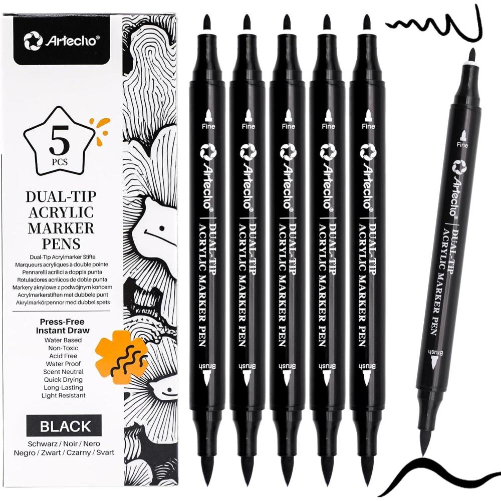 image:imageArtecho Acrylic Paint Markers 18 Colors include 12 Metallic  6 Fluorescent Colors for Stone Rock Painting Paper Pumpkin Wood Egg Canvas Ceramic Fabric leather Glass DIY Crafts5 Pcs Black