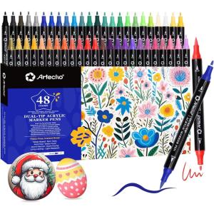 image:imageArtecho Acrylic Paint Markers 18 Colors include 12 Metallic  6 Fluorescent Colors for Stone Rock Painting Paper Pumpkin Wood Egg Canvas Ceramic Fabric leather Glass DIY Crafts48 Colors