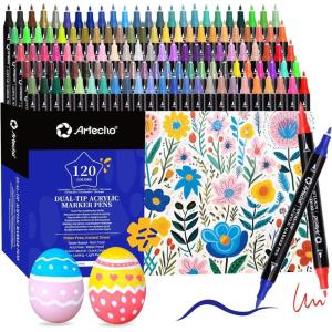 image:imageArtecho Acrylic Paint Markers 18 Colors include 12 Metallic  6 Fluorescent Colors for Stone Rock Painting Paper Pumpkin Wood Egg Canvas Ceramic Fabric leather Glass DIY Crafts120 Colors