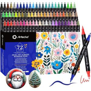image:imageArtecho Acrylic Paint Markers 18 Colors include 12 Metallic  6 Fluorescent Colors for Stone Rock Painting Paper Pumpkin Wood Egg Canvas Ceramic Fabric leather Glass DIY Crafts72 Colors