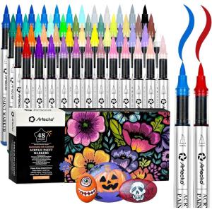 image:imageArtecho Acrylic Paint Markers 18 Colors include 12 Metallic  6 Fluorescent Colors for Stone Rock Painting Paper Pumpkin Wood Egg Canvas Ceramic Fabric leather Glass DIY Crafts48 Colors Automatic Ink Control