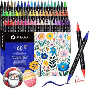image:imageArtecho Acrylic Paint Markers 18 Colors include 12 Metallic  6 Fluorescent Colors for Stone Rock Painting Paper Pumpkin Wood Egg Canvas Ceramic Fabric leather Glass DIY Crafts60 Colors