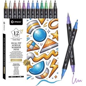 image:imageArtecho Acrylic Paint Markers 18 Colors include 12 Metallic  6 Fluorescent Colors for Stone Rock Painting Paper Pumpkin Wood Egg Canvas Ceramic Fabric leather Glass DIY Crafts12 Colors Metallic
