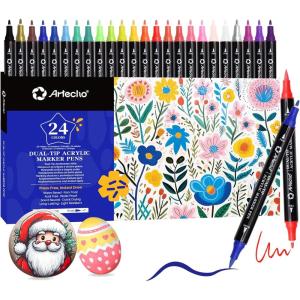 image:imageArtecho Acrylic Paint Markers 18 Colors include 12 Metallic  6 Fluorescent Colors for Stone Rock Painting Paper Pumpkin Wood Egg Canvas Ceramic Fabric leather Glass DIY Crafts24 Colors