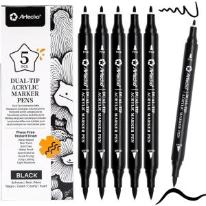 image:imageArtecho Acrylic Paint Markers 18 Colors include 12 Metallic  6 Fluorescent Colors for Stone Rock Painting Paper Pumpkin Wood Egg Canvas Ceramic Fabric leather Glass DIY Crafts5 Pcs Black
