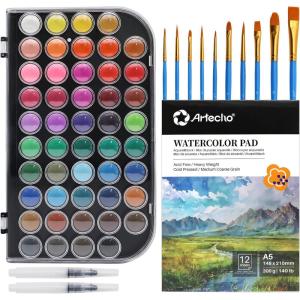 image:imageArtecho 36 Colors Watercolor Paint Set with 3 Brushes Washable Travel Design Perfect for Card Making Illustrations Painting Calligraphy48 colors with paper pad