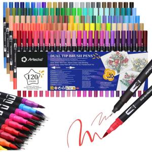 image:imageArtecho 120 Colors Markers for Adult Coloring Books Dual Tip Markers for School Fine and Brush Tip for Adults Coloring Books Calligraphy Drawing Sketching120 colors