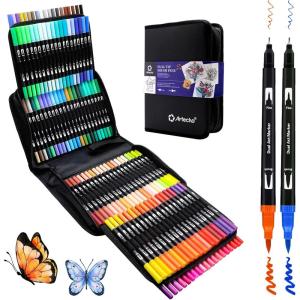 image:imageArtecho 120 Colors Markers for Adult Coloring Books Dual Tip Markers for School Fine and Brush Tip for Adults Coloring Books Calligraphy Drawing Sketching120 colors with bag