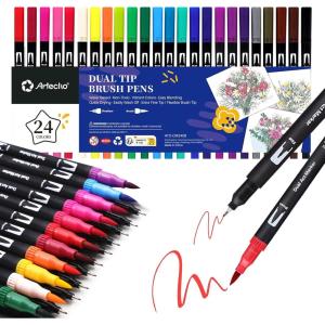 image:imageArtecho 120 Colors Markers for Adult Coloring Books Dual Tip Markers for School Fine and Brush Tip for Adults Coloring Books Calligraphy Drawing Sketching24 colors
