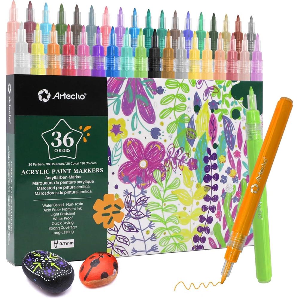image:imageArtecho Acrylic Paint Markers 36 Colors 07mm Extra Fine Tip Paint Pens for Rock Painting Ceramic Fabric Canvas Wood Glass Art Supplies