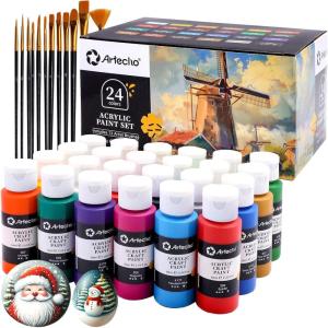 image:imageArtecho 48 Colors Acrylic Paint Set 2oz59ml with 12 Brushes Craft Paints for Canvas Wood Rock Painting amp Fabric Rich Pigment Non Toxic Art Supplies for Artists amp Beginners2oz24colors