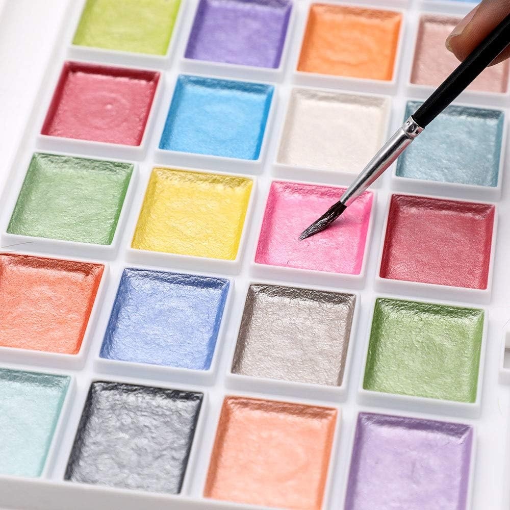 image:imageArtecho 48 Colors 5 Packs Watercolor Paint Set Portable Travel Watercolor Cake Kit with 3 Brushes EasyClean Washable Paint for Card Making Illustrations Painting Calligraphy28 metallic colors