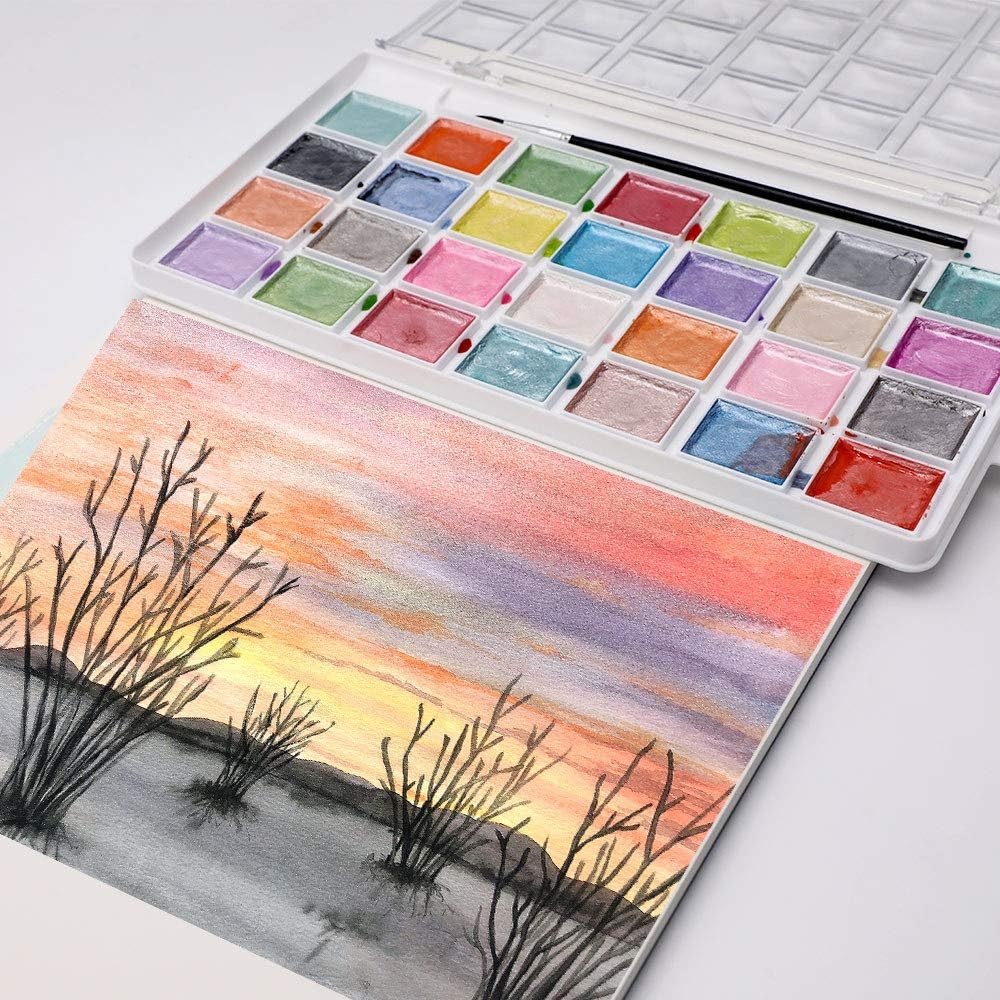 image:imageArtecho 48 Colors 5 Packs Watercolor Paint Set Portable Travel Watercolor Cake Kit with 3 Brushes EasyClean Washable Paint for Card Making Illustrations Painting Calligraphy28 metallic colors