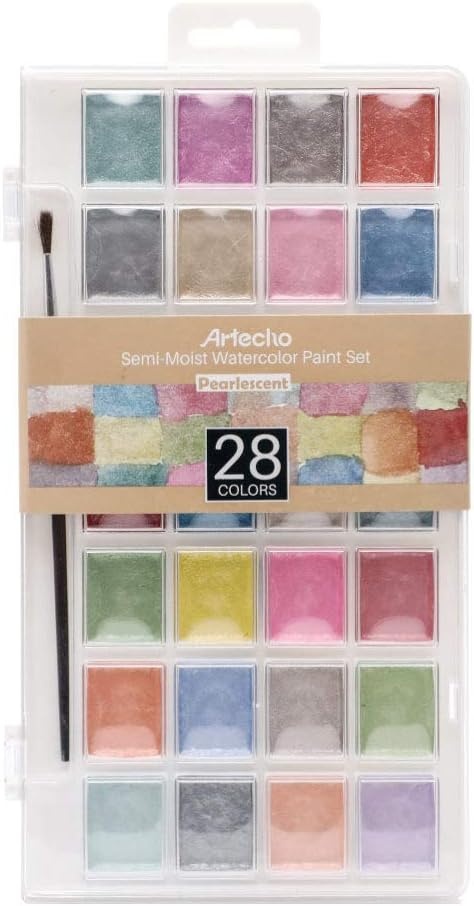 image:imageArtecho 48 Colors 5 Packs Watercolor Paint Set Portable Travel Watercolor Cake Kit with 3 Brushes EasyClean Washable Paint for Card Making Illustrations Painting Calligraphy28 metallic colors