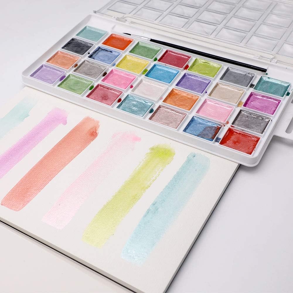image:imageArtecho 48 Colors 5 Packs Watercolor Paint Set Portable Travel Watercolor Cake Kit with 3 Brushes EasyClean Washable Paint for Card Making Illustrations Painting Calligraphy28 metallic colors