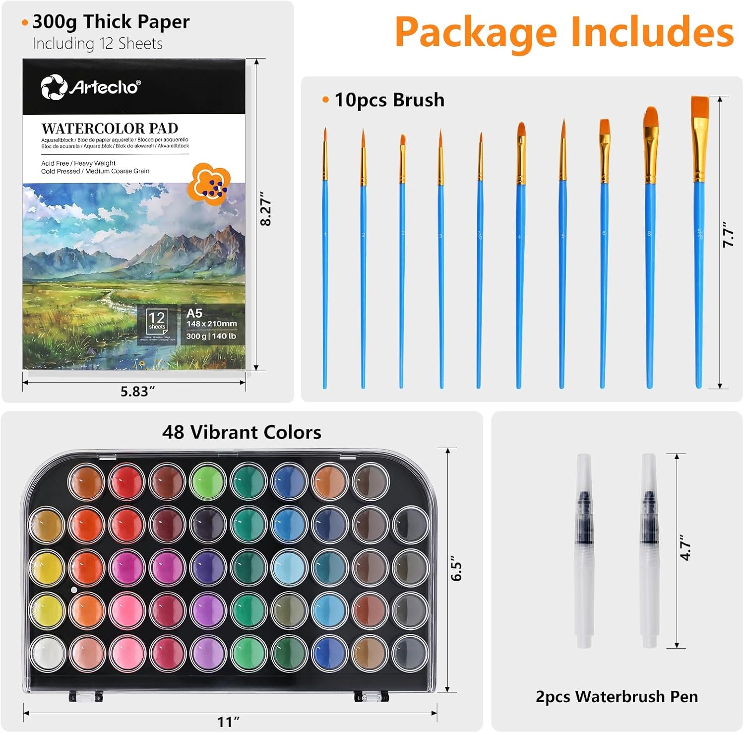 image:imageArtecho 48 Colors 5 Packs Watercolor Paint Set Portable Travel Watercolor Cake Kit with 3 Brushes EasyClean Washable Paint for Card Making Illustrations Painting Calligraphy48 colors with paper pad
