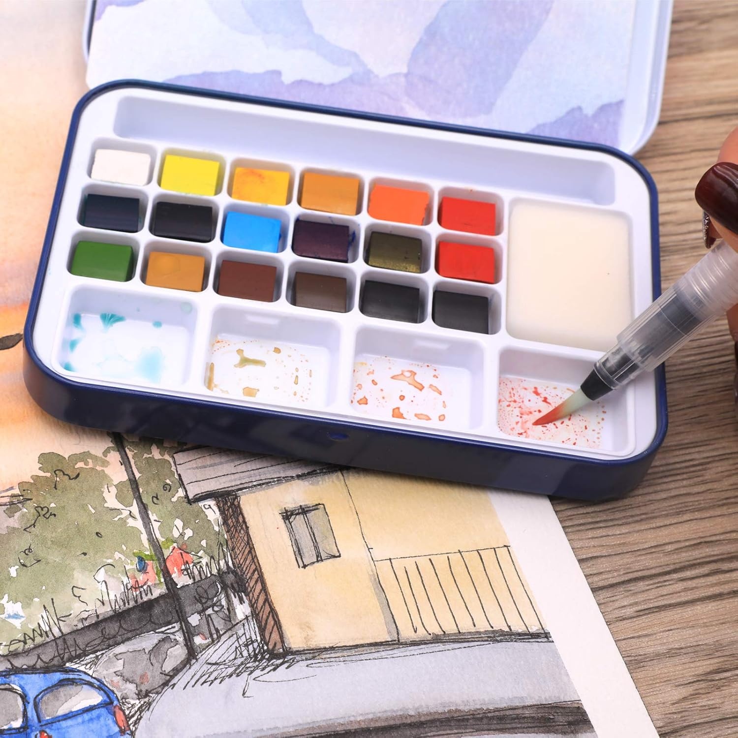 image:imageArtecho Watercolor Paint Set 18 Colors Travel Watercolor Set with Water Brush Pen Sponge and Blank Color Chart Ideal for Amateur Hobbyists Painting Lovers and Artists