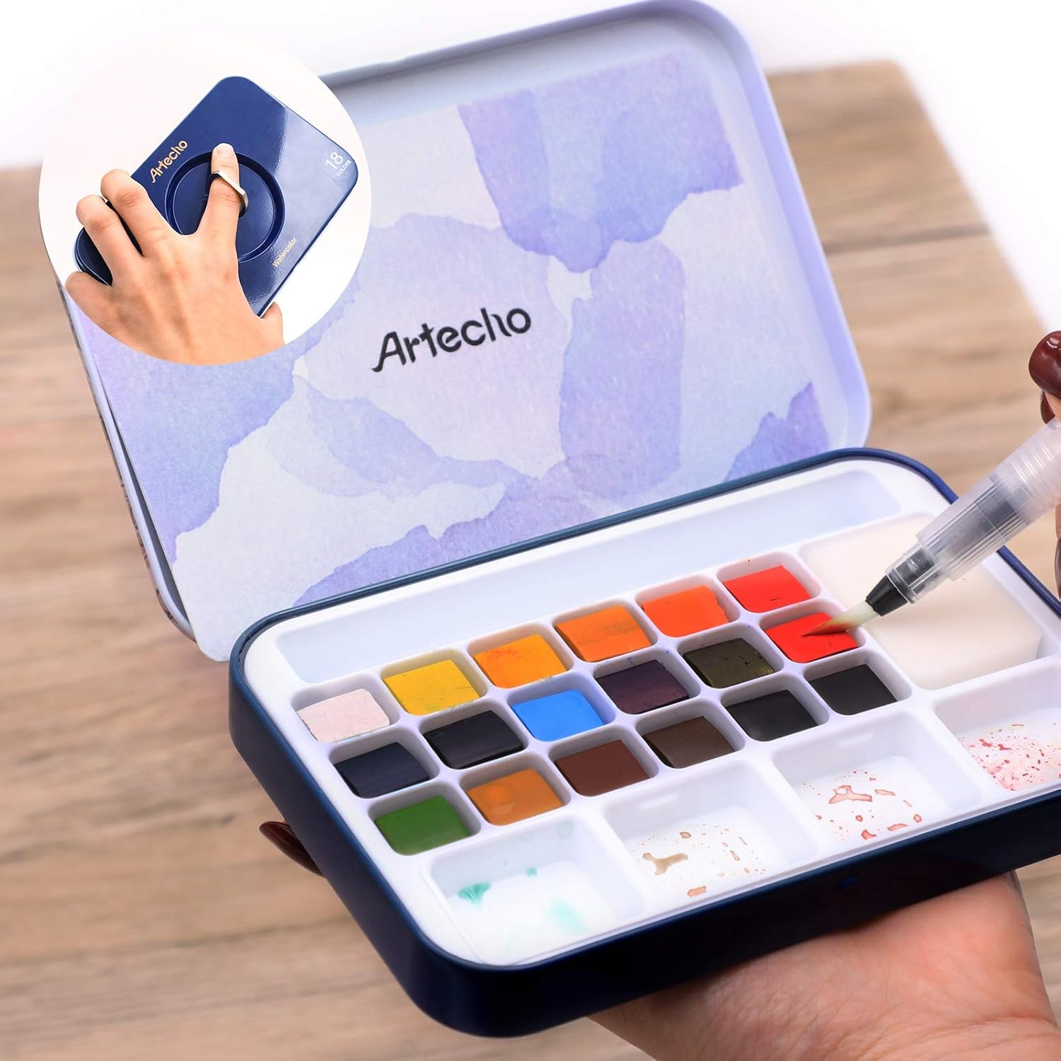 image:imageArtecho Watercolor Paint Set 18 Colors Travel Watercolor Set with Water Brush Pen Sponge and Blank Color Chart Ideal for Amateur Hobbyists Painting Lovers and Artists
