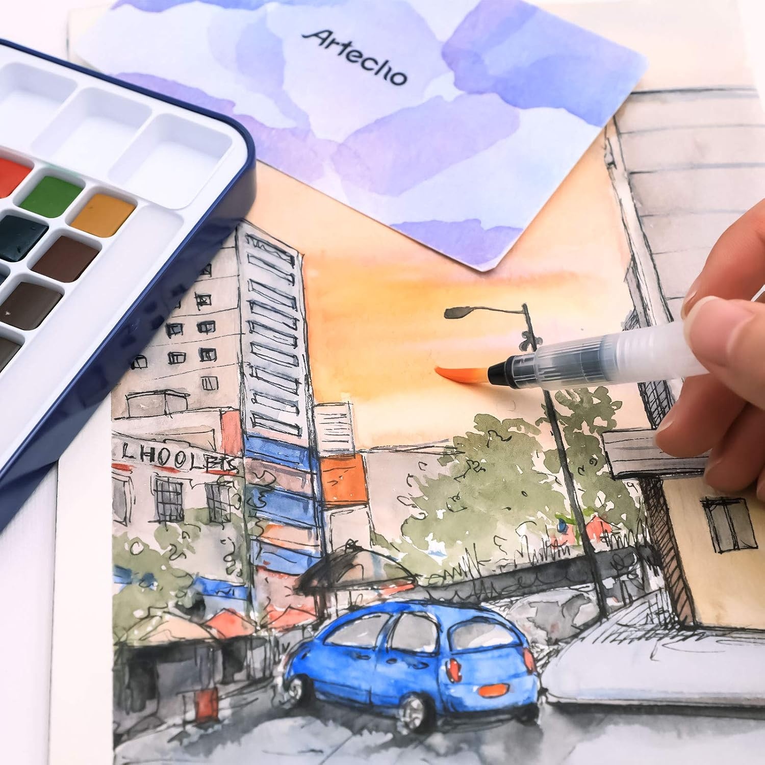 image:imageArtecho Watercolor Paint Set 18 Colors Travel Watercolor Set with Water Brush Pen Sponge and Blank Color Chart Ideal for Amateur Hobbyists Painting Lovers and Artists