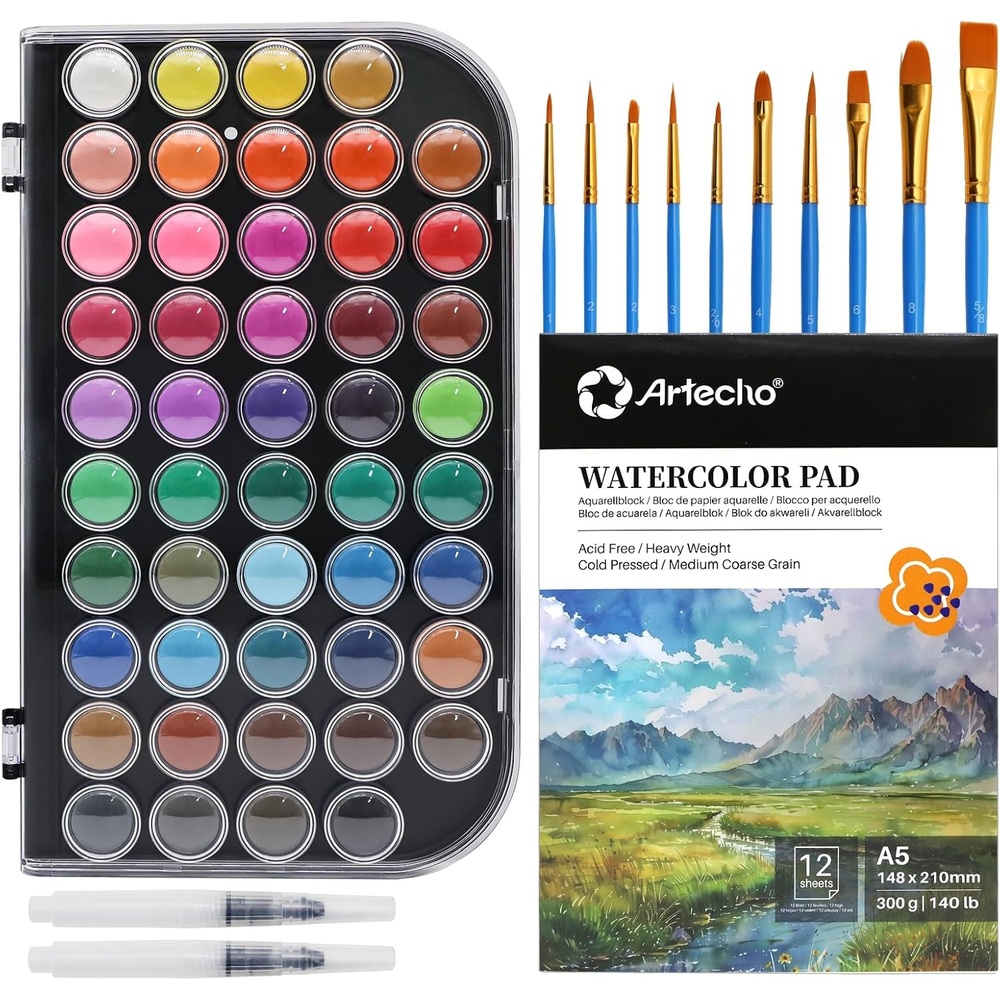image:imageArtecho 48 Colors 5 Packs Watercolor Paint Set Portable Travel Watercolor Cake Kit with 3 Brushes EasyClean Washable Paint for Card Making Illustrations Painting Calligraphy48 colors with paper pad