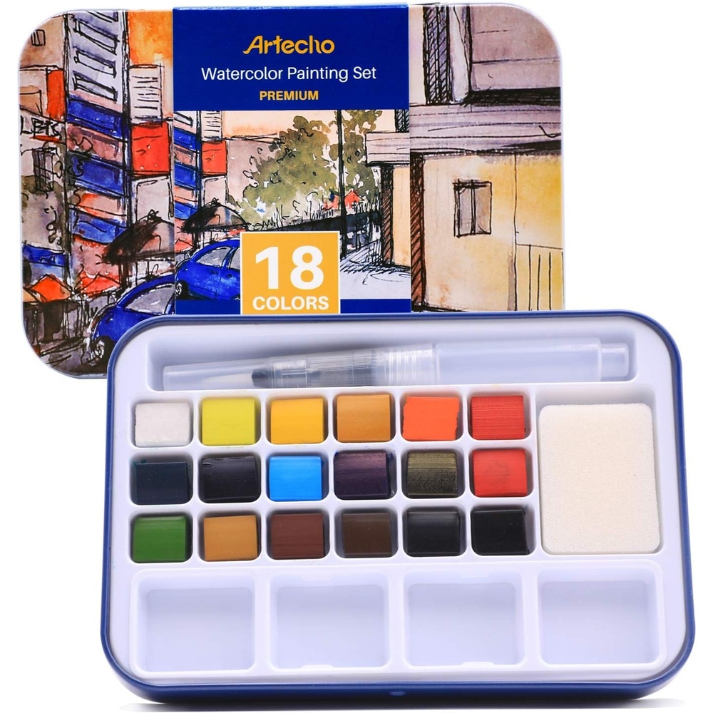 image:imageArtecho Watercolor Paint Set 18 Colors Travel Watercolor Set with Water Brush Pen Sponge and Blank Color Chart Ideal for Amateur Hobbyists Painting Lovers and Artists